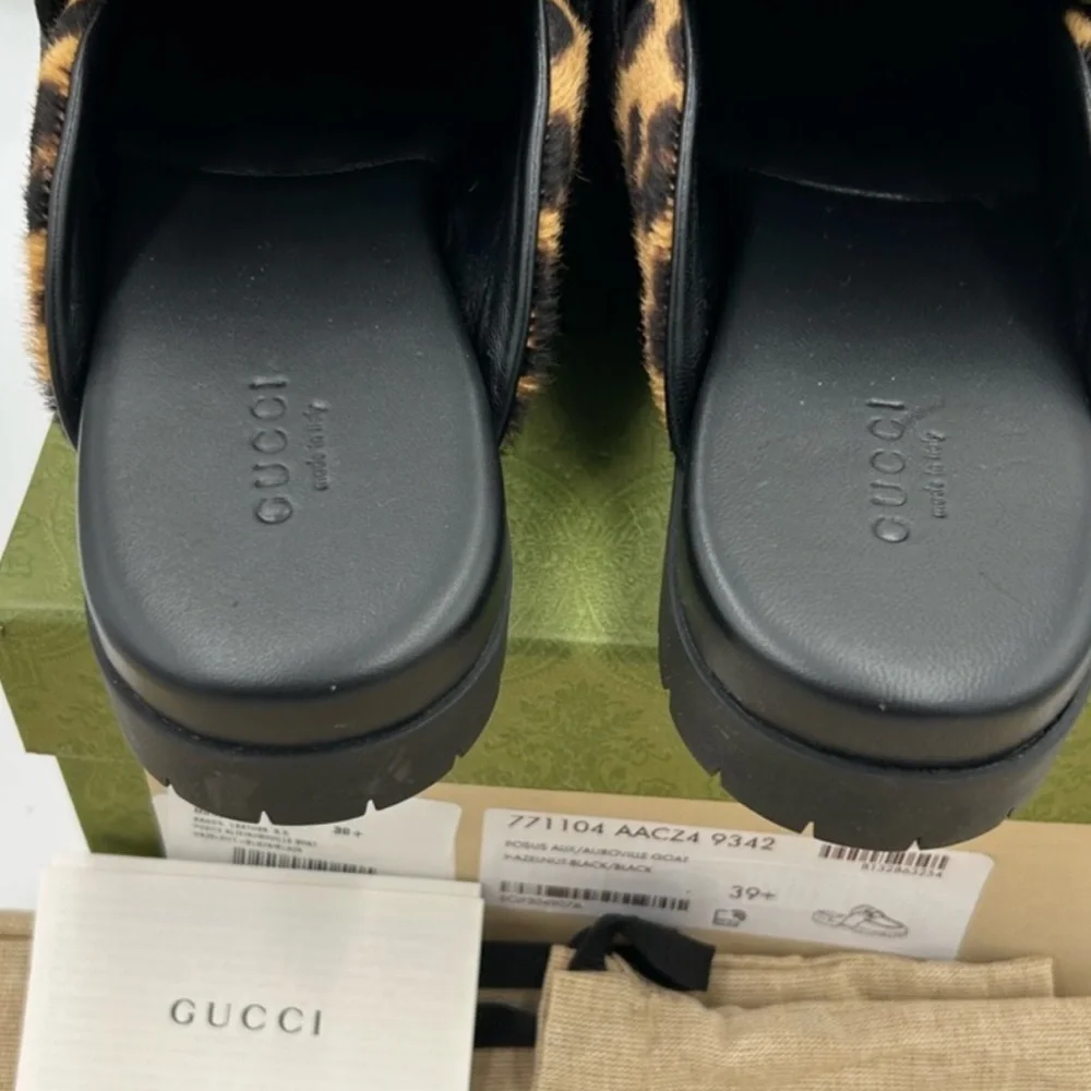 Gucci Leopard Print Mules with Gold Accents - Picture 6 of 7
